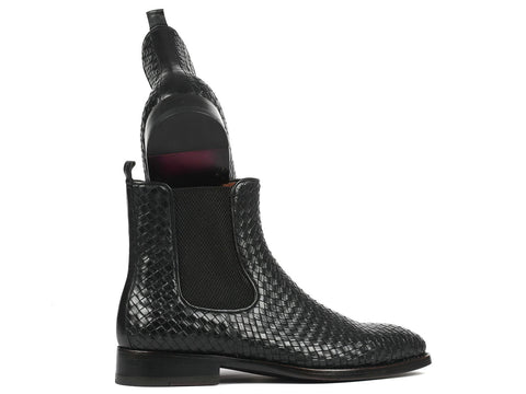 Paul Parkman Black Woven Leather Chelsea Boots (ID#92WN87-BLK)