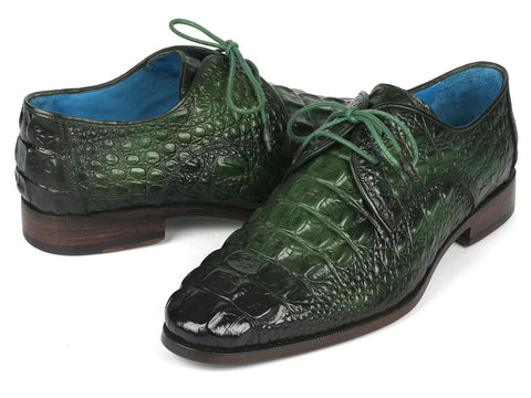 Paul Parkman Men's Green Croco Textured Leather Derby Shoes (ID#1438GRN)