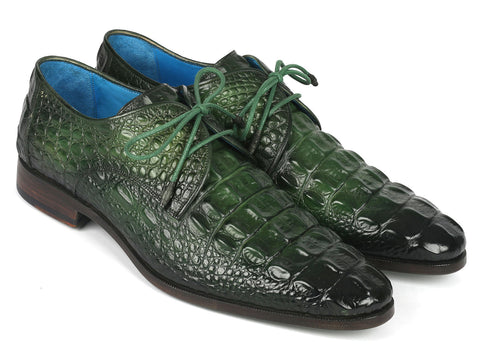 Paul Parkman Men's Green Croco Textured Leather Derby Shoes (ID#1438GRN)