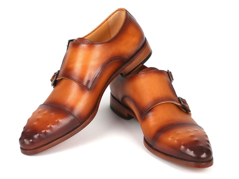 Paul Parkman Men's Studded Cap Toe Monkstraps Light Brown (ID#047-CML)