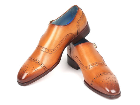 Paul Parkman Men's Cap Toe Monkstrap Shoes Cognac (ID#65CGN97)