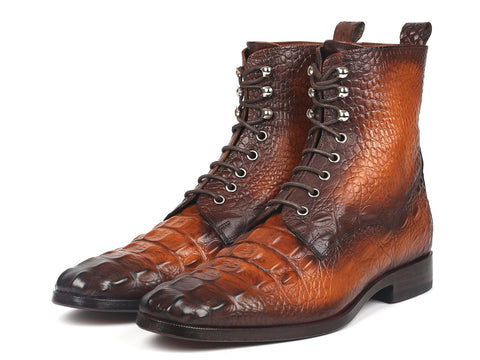 Paul Parkman Men's Brown Croco Embossed Leather Lace-Up Boots (ID#BT744-BRW)