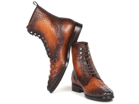 Paul Parkman Men's Brown Croco Embossed Leather Lace-Up Boots (ID#BT744-BRW)