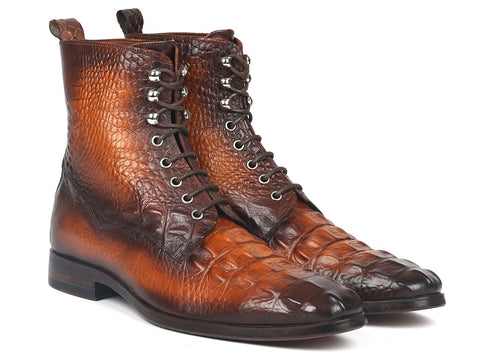 Paul Parkman Men's Brown Croco Embossed Leather Lace-Up Boots (ID#BT744-BRW)