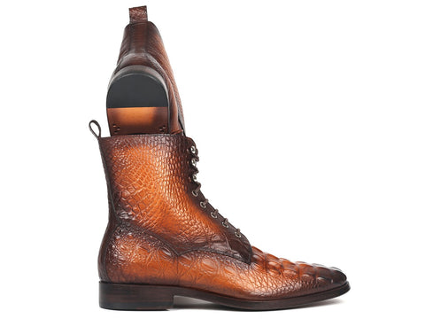 Paul Parkman Men's Brown Croco Embossed Leather Lace-Up Boots (ID#BT744-BRW)