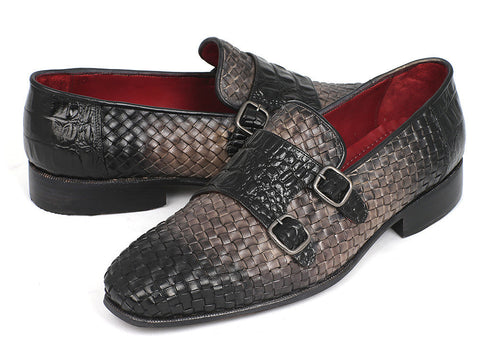 Paul Parkman Gray Woven & Croc Embossed Monkstraps (ID#HK588-GRY)