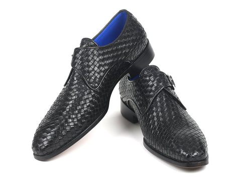 Paul Parkman Black Woven Leather Single Monkstraps (ID#011WN95)