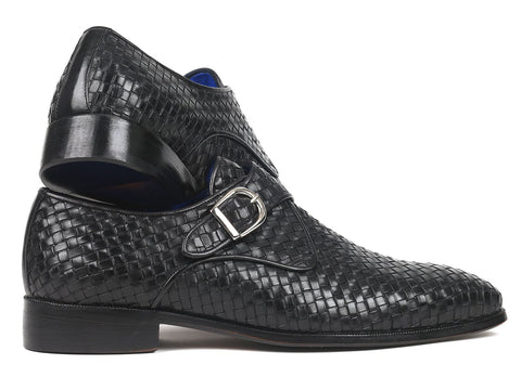 Paul Parkman Black Woven Leather Single Monkstraps (ID#011WN95)