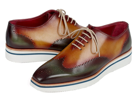 Paul Parkman Men's Smart Casual Wingtip Oxfords Green & Camel (ID#188-GRN-CML)