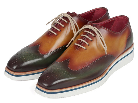 Paul Parkman Men's Smart Casual Wingtip Oxfords Green & Camel (ID#188-GRN-CML)