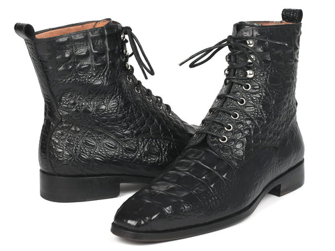 Paul Parkman Men's Black Croco Embossed Leather Lace-Up Boots (ID#BT744-BLK)