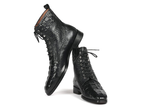 Paul Parkman Men's Black Croco Embossed Leather Lace-Up Boots (ID#BT744-BLK)