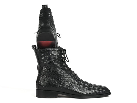 Paul Parkman Men's Black Croco Embossed Leather Lace-Up Boots (ID#BT744-BLK)