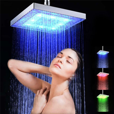 LED Rainfall Shower Head Square Shower Head Automatically RGB Color-Changing Temperature Sensor Showerhead for Bathroom