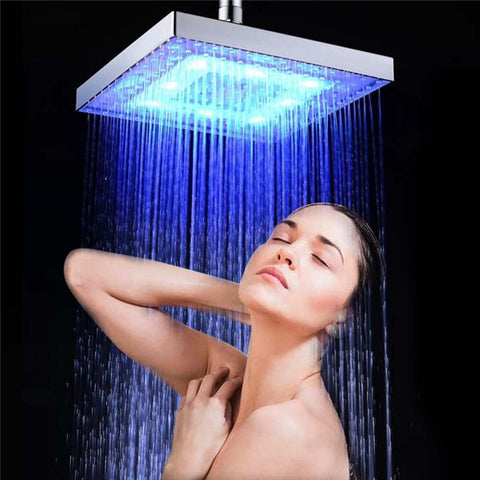 LED Rainfall Shower Head Square Shower Head Automatically RGB Color-Changing Temperature Sensor Showerhead for Bathroom