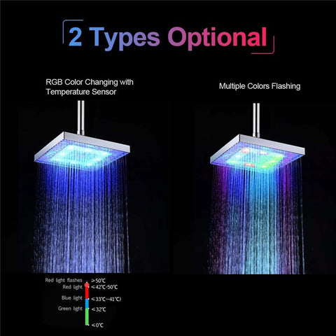 LED Rainfall Shower Head Square Shower Head Automatically RGB Color-Changing Temperature Sensor Showerhead for Bathroom
