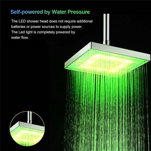 LED Rainfall Shower Head Square Shower Head Automatically RGB Color-Changing Temperature Sensor Showerhead for Bathroom
