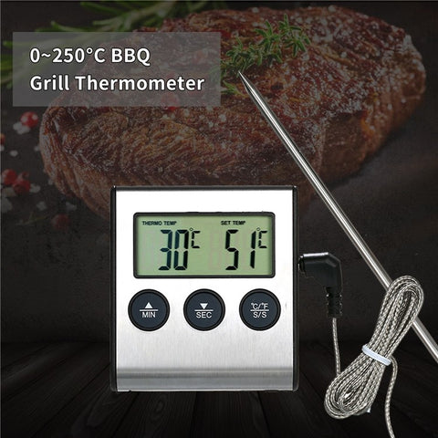 Kitchen BBQ Grill Food LCD Digital Thermometer 0~250°C with Alarm Timer Function (without Certification)