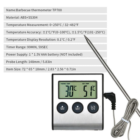 Kitchen BBQ Grill Food LCD Digital Thermometer 0~250°C with Alarm Timer Function (without Certification)