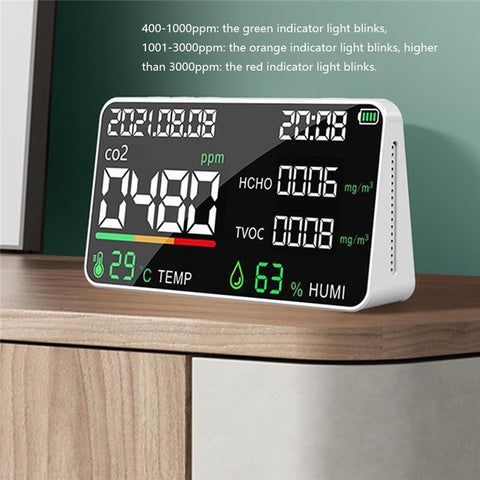 Multifunctional Household Air Quality Detector LED Display CO2 Tester with Carbon Dioxide TVOC HCHO Value Electricity Quantity Temperature Humidity Display Function