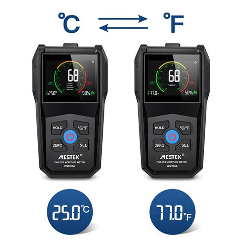 MESTEK Temperature Humidity Moisture Tester Full Angle Inverted Display Screen Moisture Detector for Wood Firewood Brick Drywall Paper