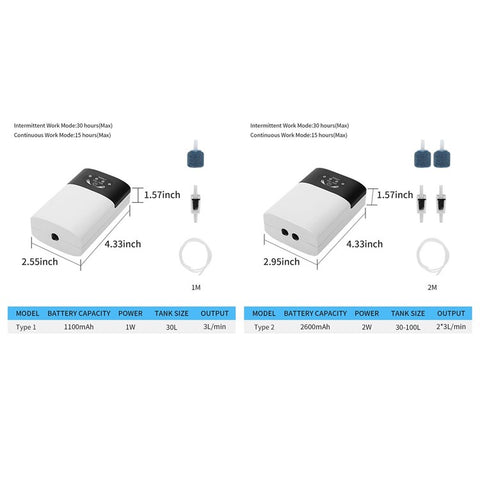 Aquarium Air Pump Fish Tank Oxygen Pump USB Rechargeable Fishing Aerator with Pipe Air Bubble Stone