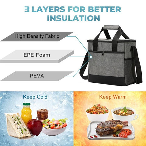 Portable Insulated Lunch Bag Reusable Lunch Box Container 15L Capacity with Top Carry Handle Shoulder Strap