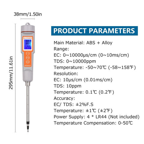 3 in 1 Soil Tester Backlight Screen EC/TDS/Temperature Digital Soil Test Probe Meter Portable Soil Salinity Tester for Greenhouse Garden Farm Orchard