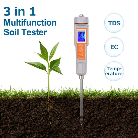 3 in 1 Soil Tester Backlight Screen EC/TDS/Temperature Digital Soil Test Probe Meter Portable Soil Salinity Tester for Greenhouse Garden Farm Orchard