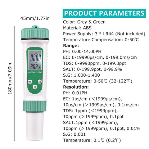 6 in 1 Digital Water Quality Tester PH/EC/TDS/SALT/S.G/Temperature Monitor Portable Testing Meter Analyzer for Drinking Water Aquarium Hydroponics Lab
