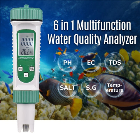 6 in 1 Digital Water Quality Tester PH/EC/TDS/SALT/S.G/Temperature Monitor Portable Testing Meter Analyzer for Drinking Water Aquarium Hydroponics Lab