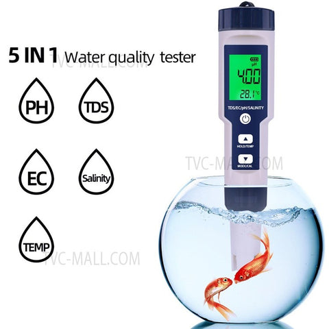 Water Quality Tester 5-in-1 Multi-Parameter Water Testing Meter IP67 Digital LCD Water Quality Monitor PH/TDS/EC/Temperature/Salinity Analyzer Detector