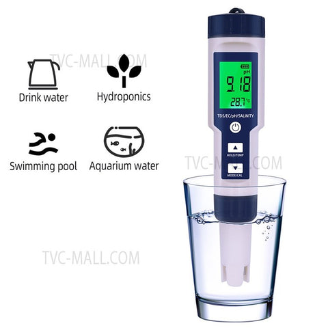 Water Quality Tester 5-in-1 Multi-Parameter Water Testing Meter IP67 Digital LCD Water Quality Monitor PH/TDS/EC/Temperature/Salinity Analyzer Detector