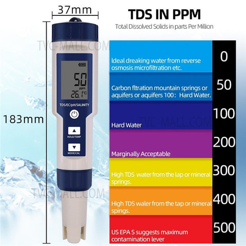 Water Quality Tester 5-in-1 Multi-Parameter Water Testing Meter IP67 Digital LCD Water Quality Monitor PH/TDS/EC/Temperature/Salinity Analyzer Detector