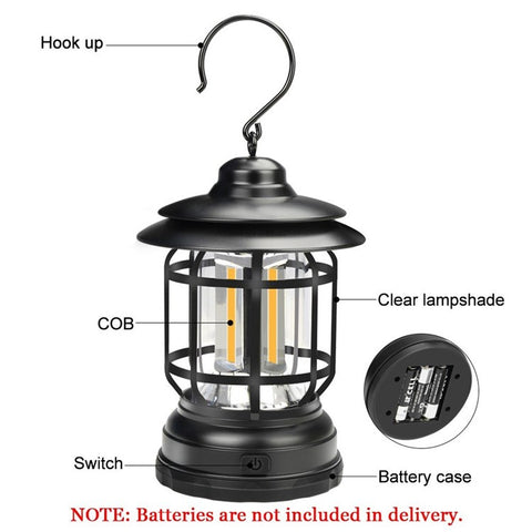 LED Camping Lantern Battery Powered Retro Campsite Lantern COB Tent Light Survival Kits for Emergency Storm Outages Outdoor Hiking