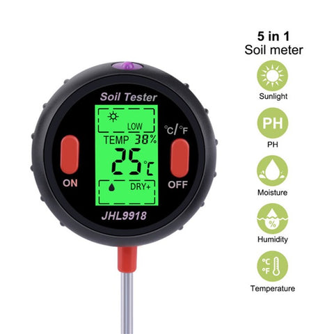 JHL9918 Soil PH Meter Digital Plant Temperature Soil Moisture Tester Intensity Backlit LCD Display Soil Test Meter for Gardening Farming