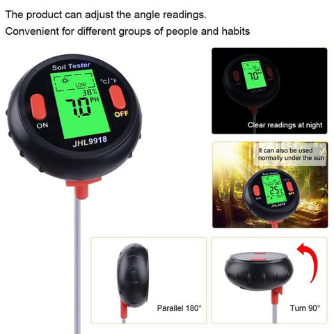 JHL9918 Soil PH Meter Digital Plant Temperature Soil Moisture Tester Intensity Backlit LCD Display Soil Test Meter for Gardening Farming