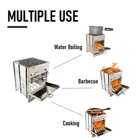 Wood Stove Charcoal Grill Stainless Steel Barbecue Tool Kit for Camping Outdoor Cooking Picnics Beach Hiking Party (No FDA Certificate)