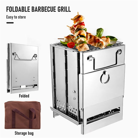 Wood Stove Charcoal Grill Stainless Steel Barbecue Tool Kit for Camping Outdoor Cooking Picnics Beach Hiking Party (No FDA Certificate)