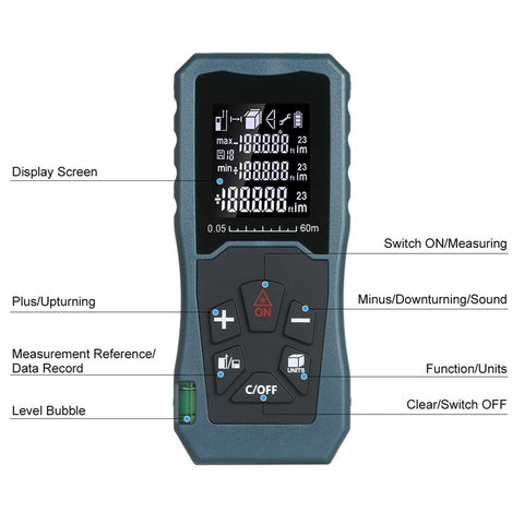 Laser Distance Meter Bubble Level Handheld 1.6-inch LCD Diastimeter Pythagorean Mode Measure Distance Area and Volume