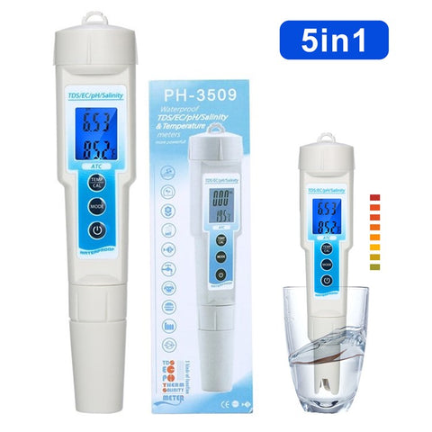 5 in 1 Ph Meter Waterproof Multi-Functional TDS / EC / Ph / Salinity / Temperature Meter Water Quality Tester