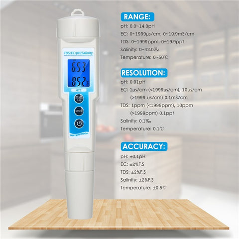 5 in 1 Ph Meter Waterproof Multi-Functional TDS / EC / Ph / Salinity / Temperature Meter Water Quality Tester