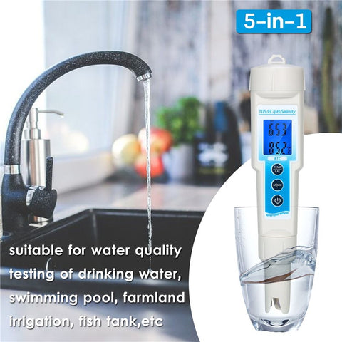 5 in 1 Ph Meter Waterproof Multi-Functional TDS / EC / Ph / Salinity / Temperature Meter Water Quality Tester