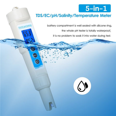 5 in 1 Ph Meter Waterproof Multi-Functional TDS / EC / Ph / Salinity / Temperature Meter Water Quality Tester