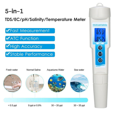 5 in 1 Ph Meter Waterproof Multi-Functional TDS / EC / Ph / Salinity / Temperature Meter Water Quality Tester
