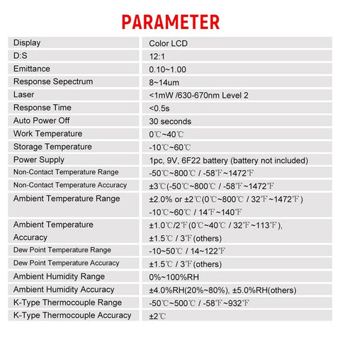 HABOTEST Multi-functional Non-contact Infrared Thermometer High Precision Temp Humidity Dew Point Temperature Meter for HVAC Automotive Mechanics Electricians