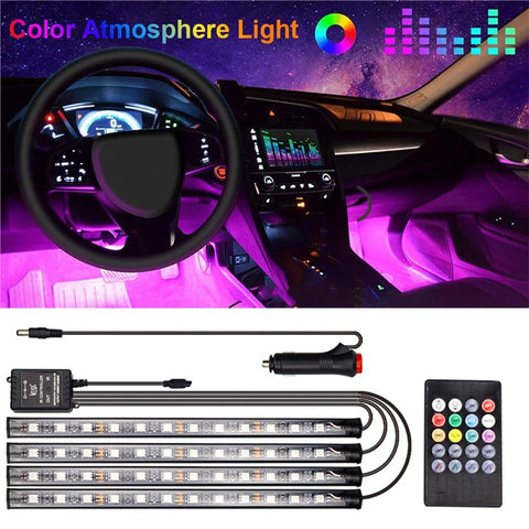 Car LED Strip Light 4Pcs 48 LED DC 12V Neon Strip Car Interior Led Decorative Lamp with Sound Active Function and Wireless Remote Control
