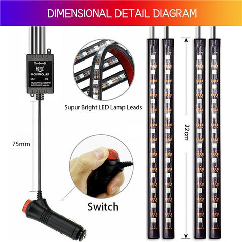Car LED Strip Light 4Pcs 48 LED DC 12V Neon Strip Car Interior Led Decorative Lamp with Sound Active Function and Wireless Remote Control
