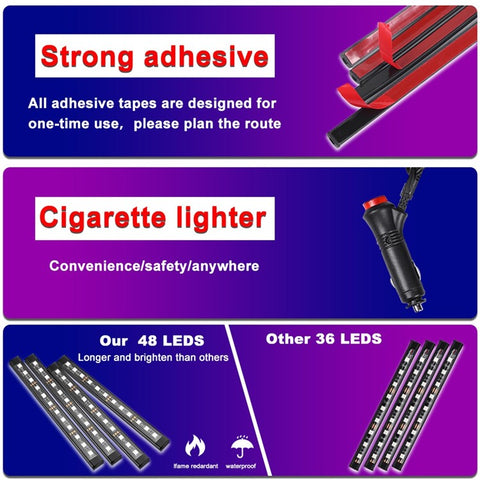 Car LED Strip Light 4Pcs 48 LED DC 12V Neon Strip Car Interior Led Decorative Lamp with Sound Active Function and Wireless Remote Control