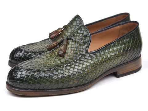 Paul Parkman Woven Leather Tassel Loafers Green  (ID#WVN44-GRN)